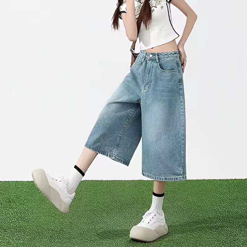 Retro Style Baggy Jeans Y2k Streetwear Hip Hop Casual Fashion Men Jeans Loose Straight Cylinder Cropped Shorts Unisex Version